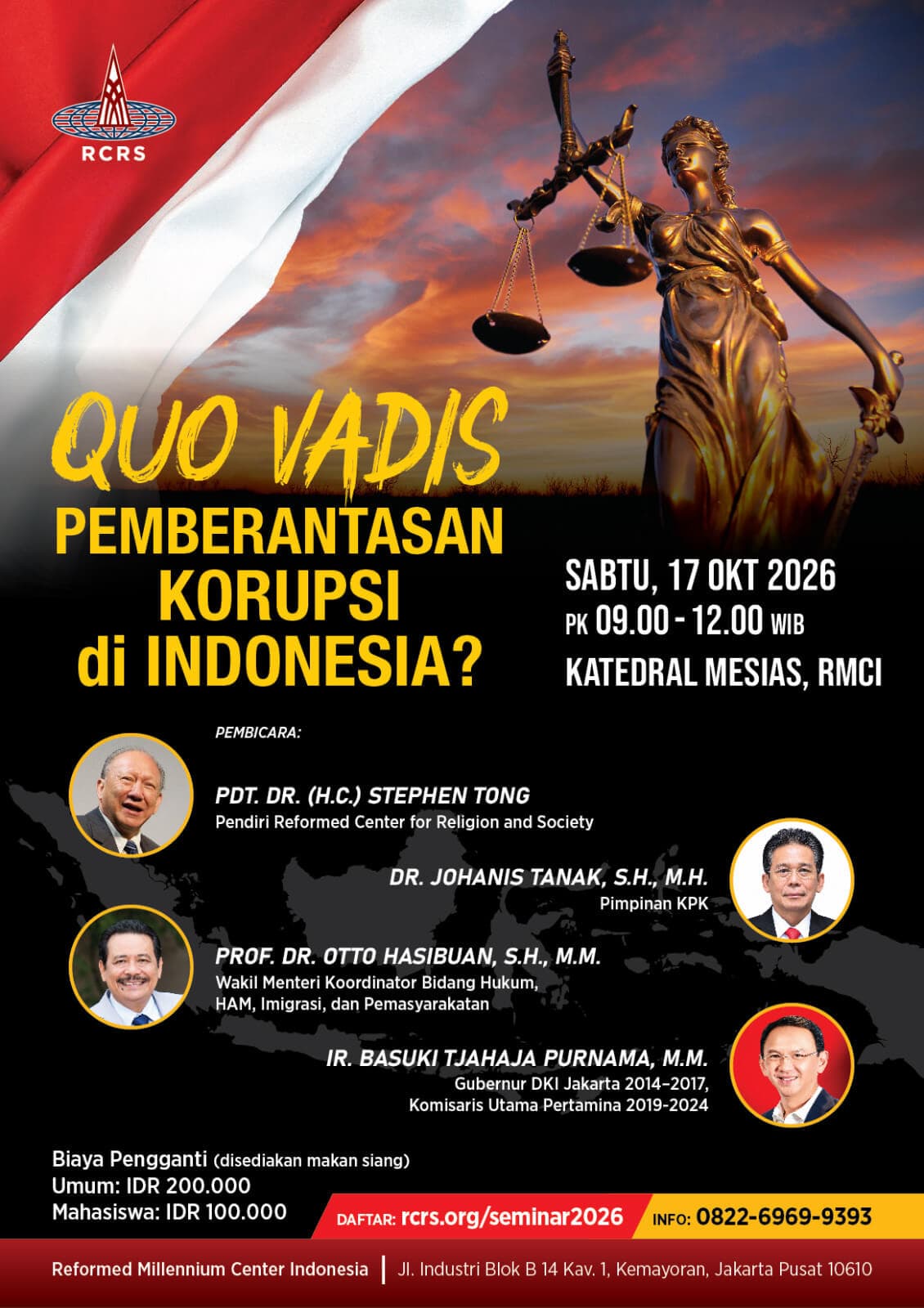 Poster seminar Quo Vadis Pemberantasan Korupsi di Indonesia, Sabtu 17 Oktober 2026 pukul 09.00–12.00 WIB di Katedral Mesias, RMCI